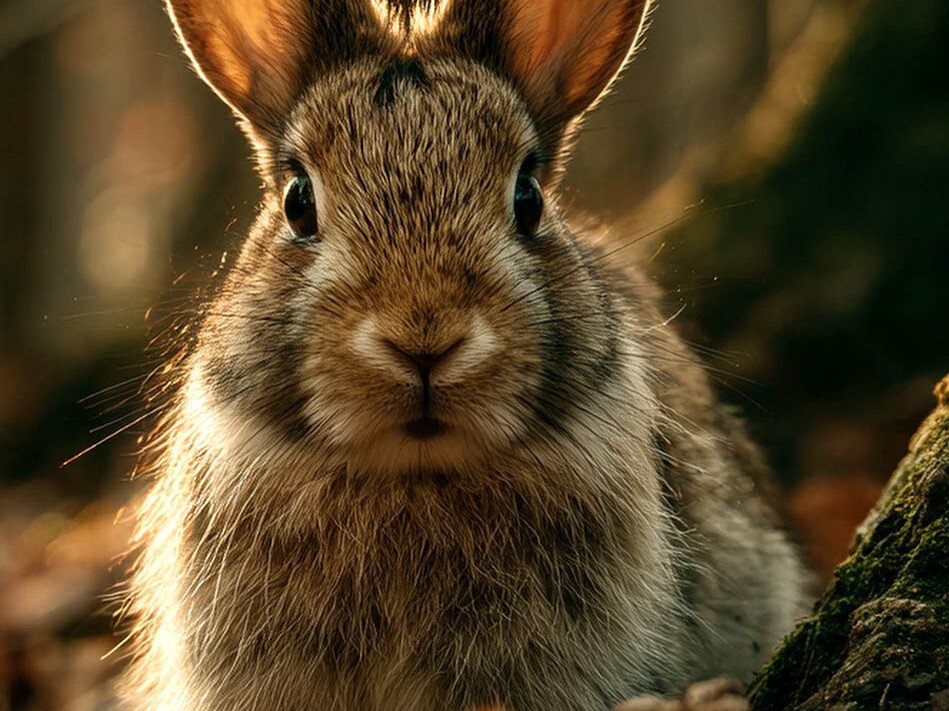 Close-up of a curious rabbit facing the camera in a sunlit forest, with tall ears and soft brown fur.