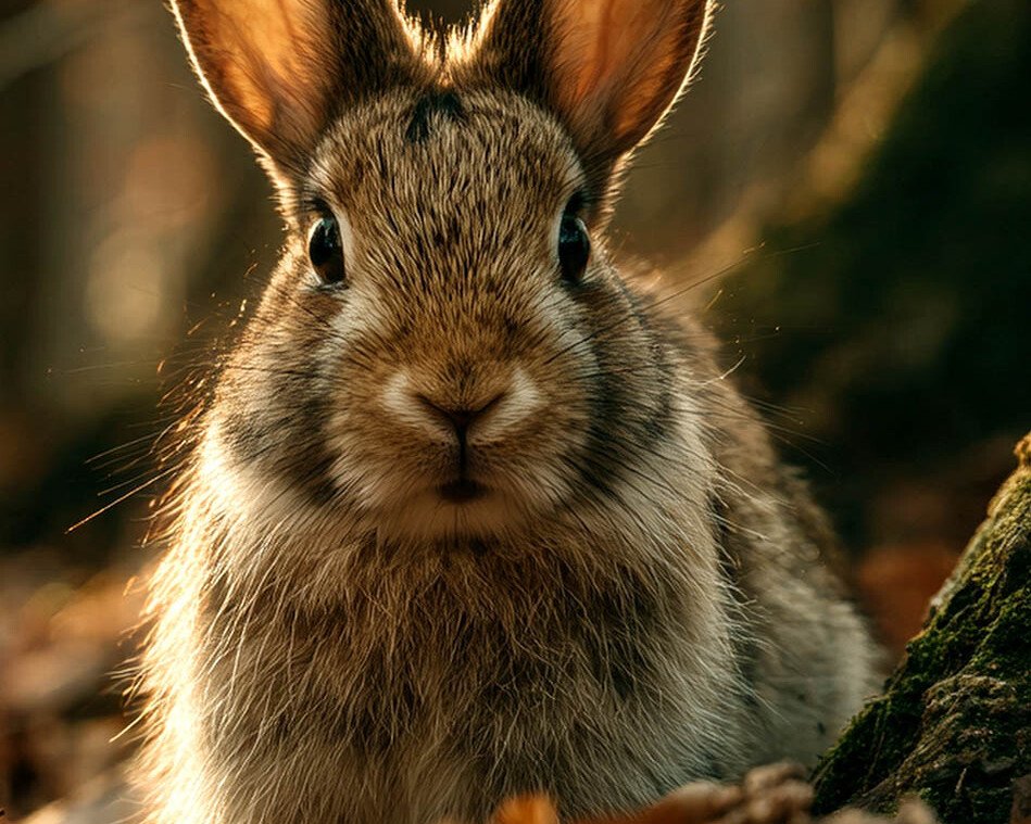 Close-up of a curious rabbit facing the camera in a sunlit forest, with tall ears and soft brown fur.